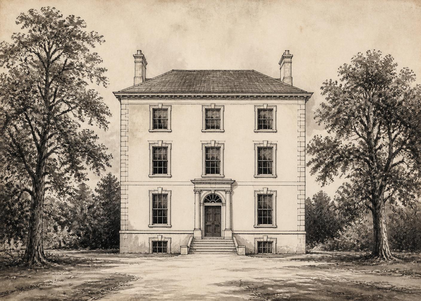 Pen and ink drawing of a three-bay, three-storey-over-basement Georgian country house
