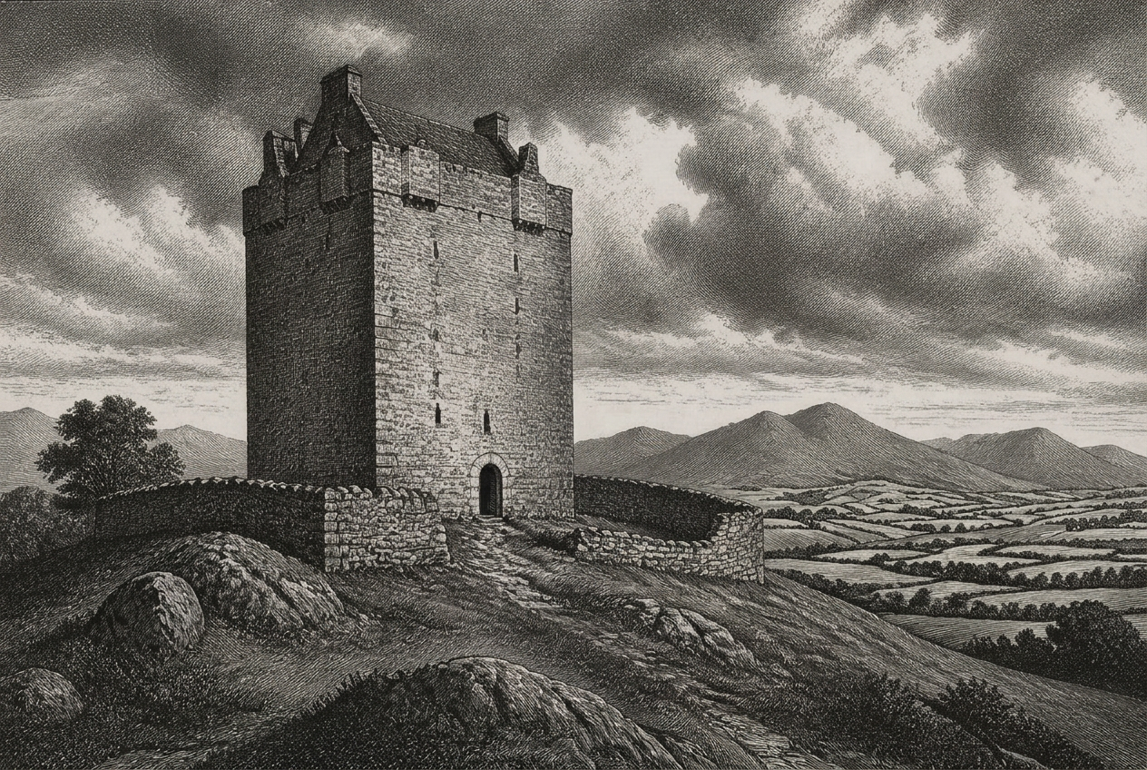 Engraving of a 16th-century Irish granite tower house on a hilltop, of the kind that stood at Graiguenaspiddoge