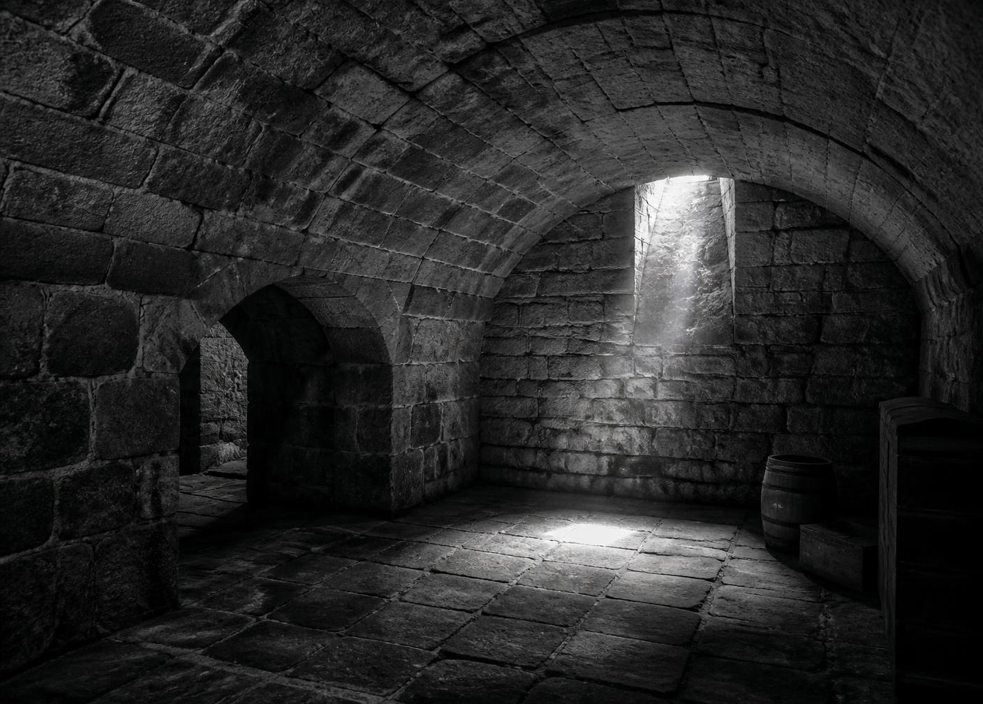 A barrel-vaulted stone undercroft of the kind found beneath Irish country houses